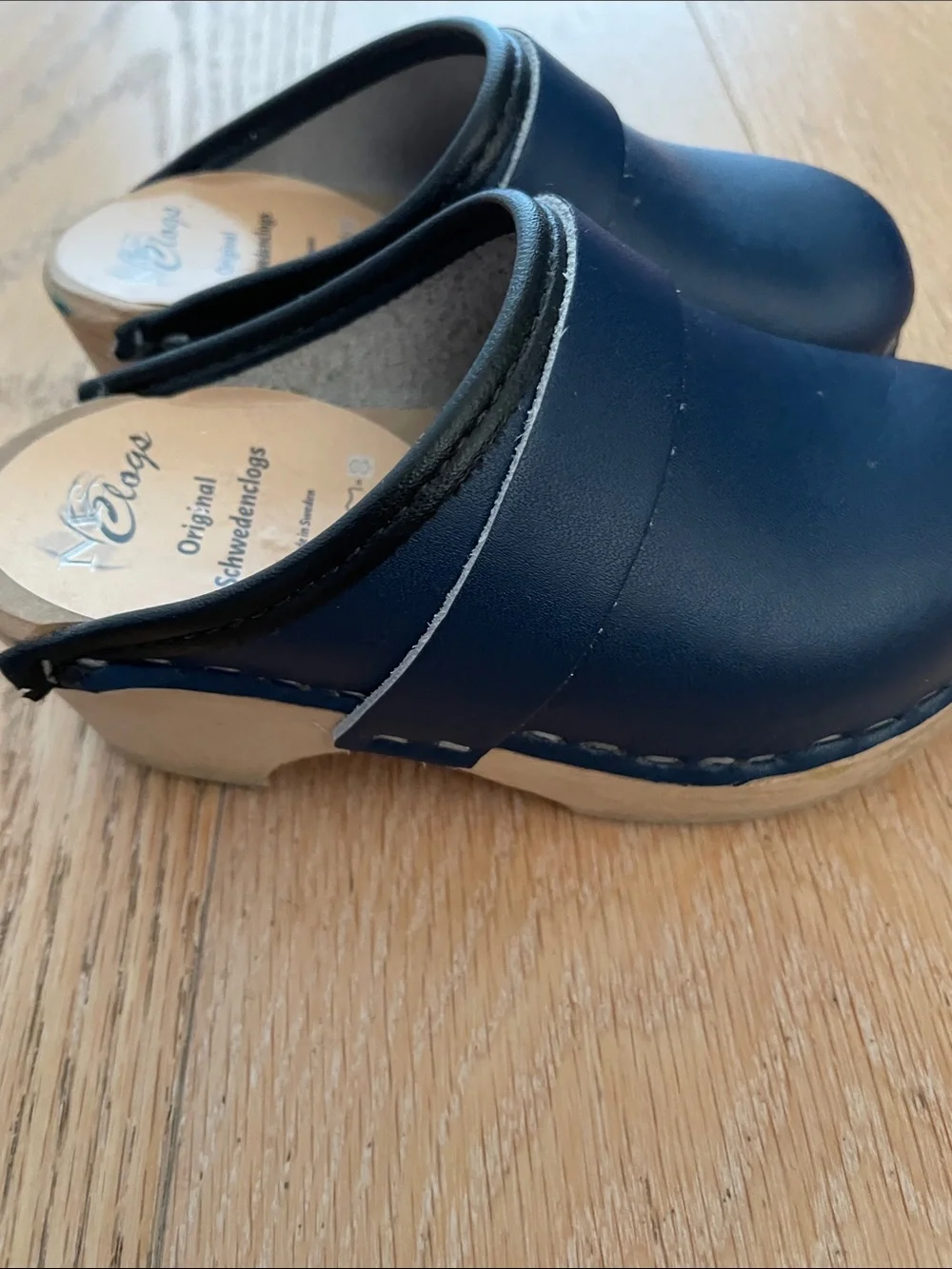 Handmade Wooden Kids Navy Blue Clog Shoes | Size 24, great condition